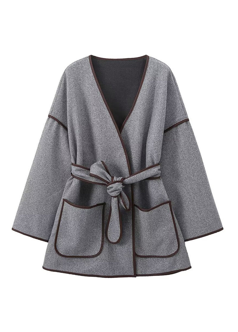 Grey Pockets Tie Waist Woolen Jacket Fall