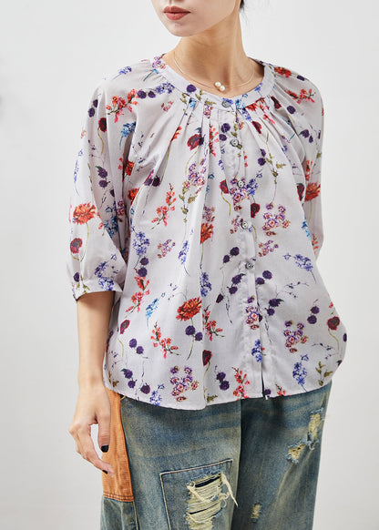 Beige O-neck Print Linen Shirt Half Sleeve