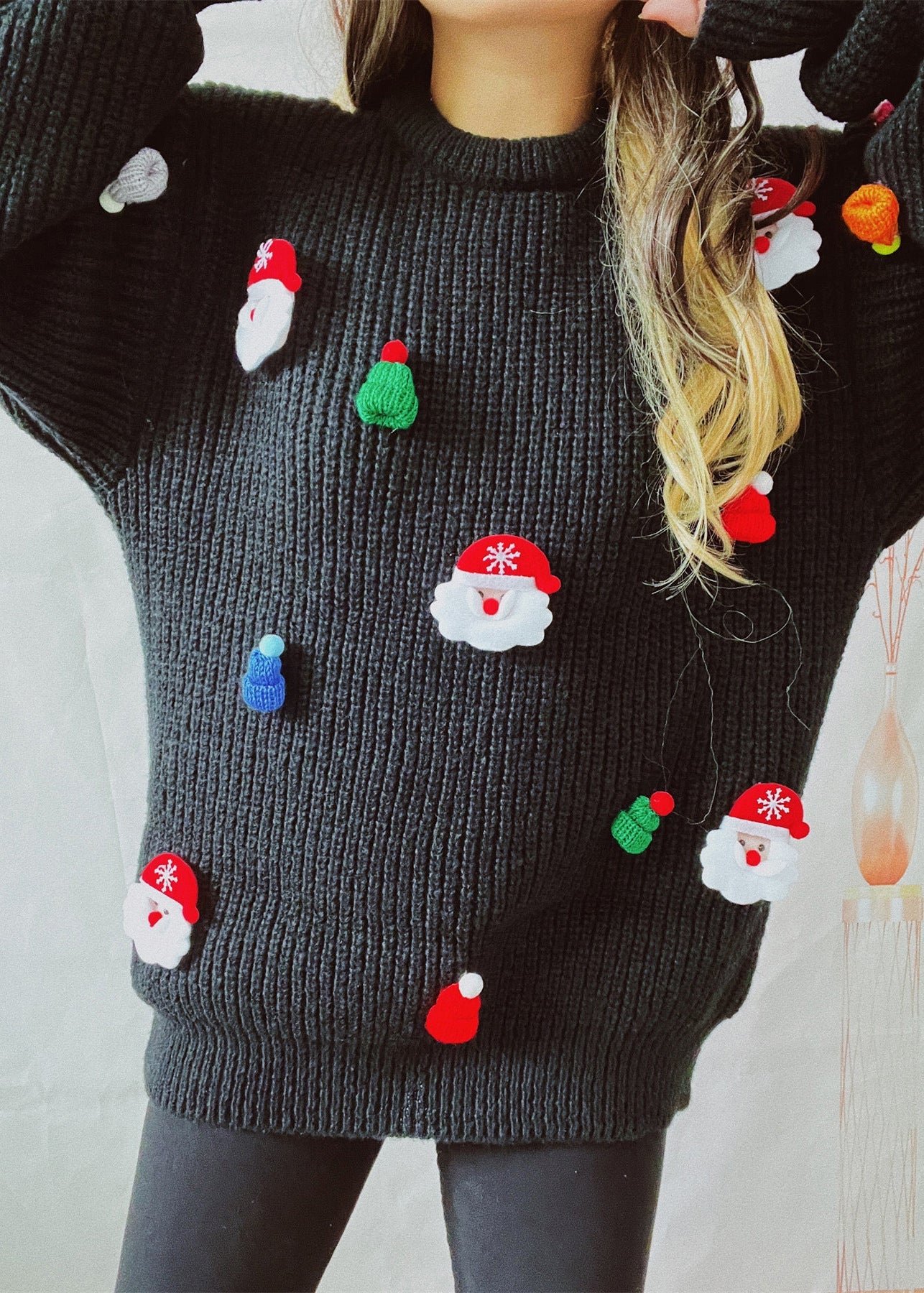 Black Thick Christmas Decorated Knit Sweater Winter