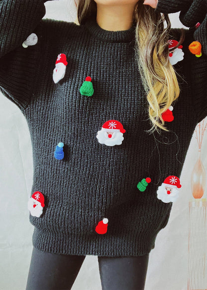 Black Thick Christmas Decorated Knit Sweater Winter
