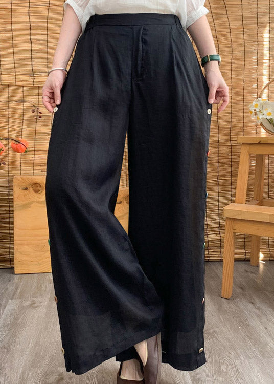 Stylish Black Elastic Waist Button Linen Wide Leg Pants Summer