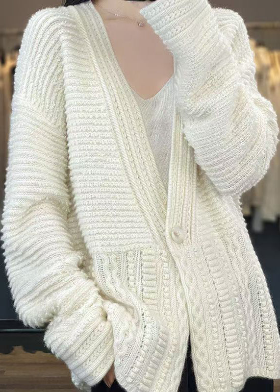 White V Neck Button Woolen Cable Knit Coats Spring