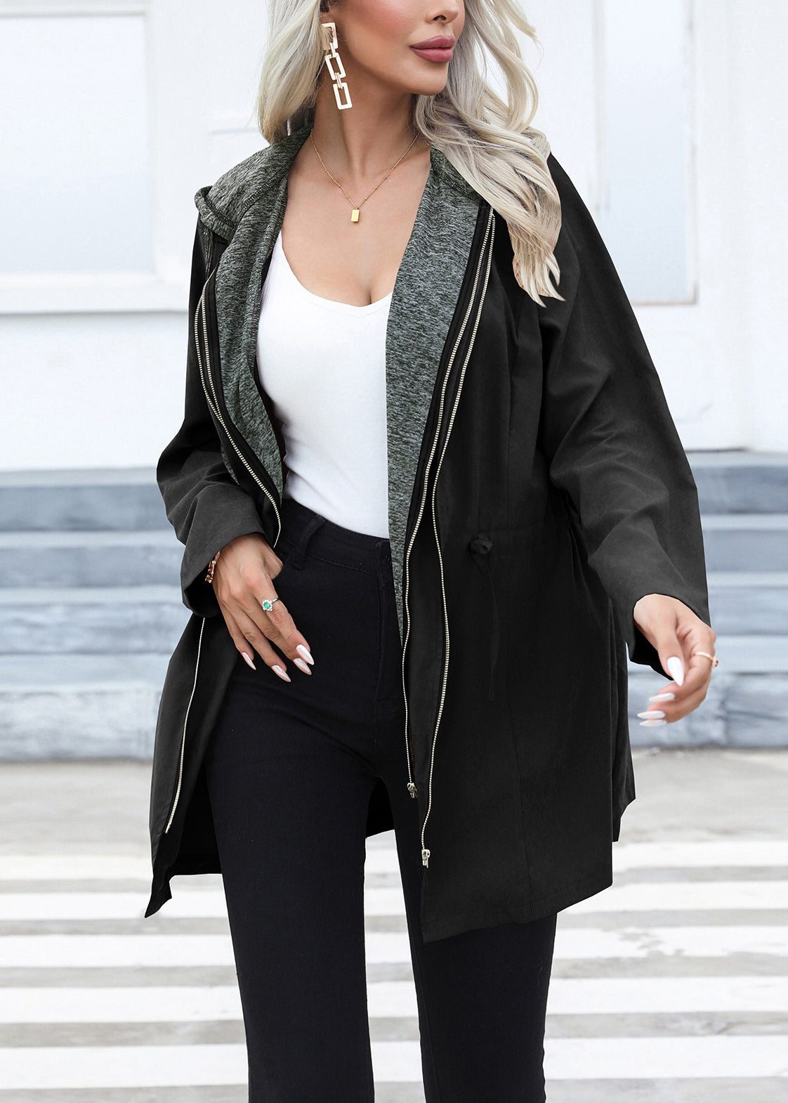 Green Drawstring Patchwork Cotton Hoodie Coat Fall