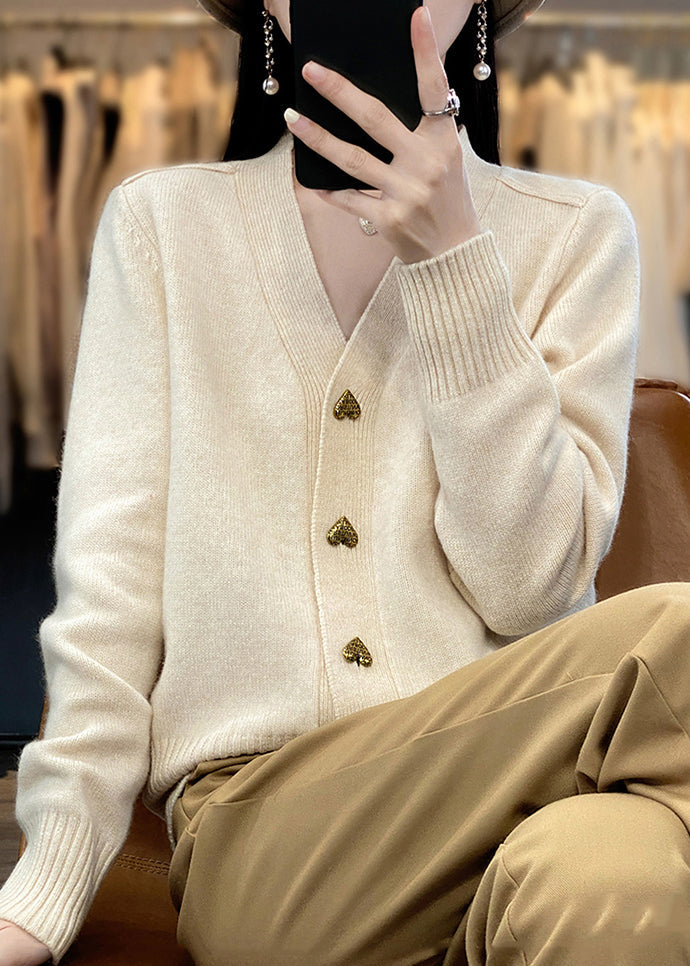 Beige Button Knit Coats V Neck Spring