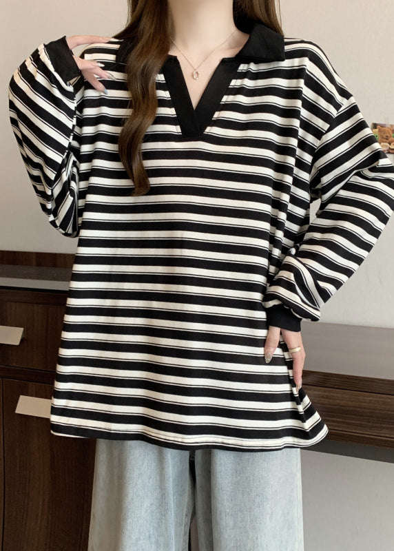 Black Oversized Striped Cotton Blouses Fall