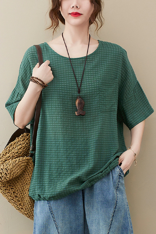 Summer Plaid Short Sleeve T-shirt Cotton Striped Tops