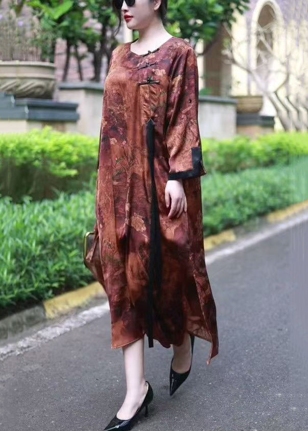 Loose Brown Print Lace Up Silk Long Dresses Spring