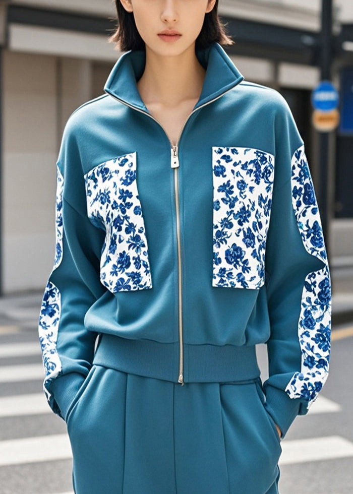 Navy Print Patchwork Cotton Jacket Fall