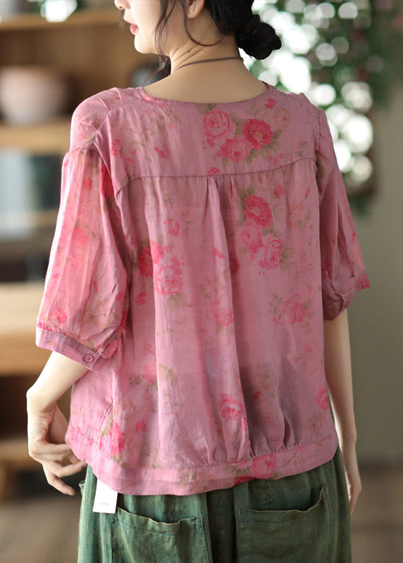 Italian Pink Flowers V Neck Print Button Linen Top Half Sleeve