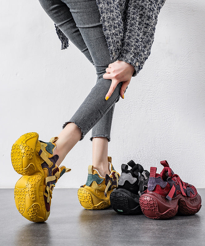 Yellow Platform Shoes Suede Splicing Lace Up