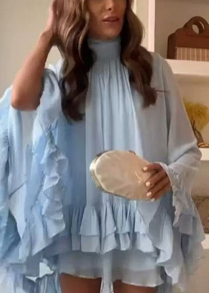 Sky Blue Button Wrinkled Chiffon Mini Dress Batwing Sleeve