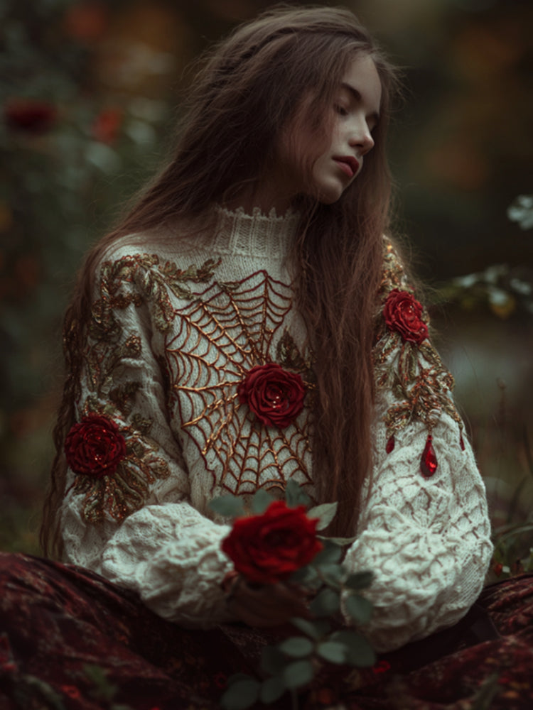 Comstylish Women Halloween Spider Silk Roses Make Old Round Neck Sweaters