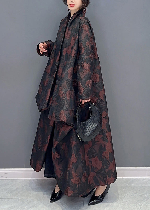 Brown Asymmetrical Jacquard Patchwork Cotton Cardigan Fall