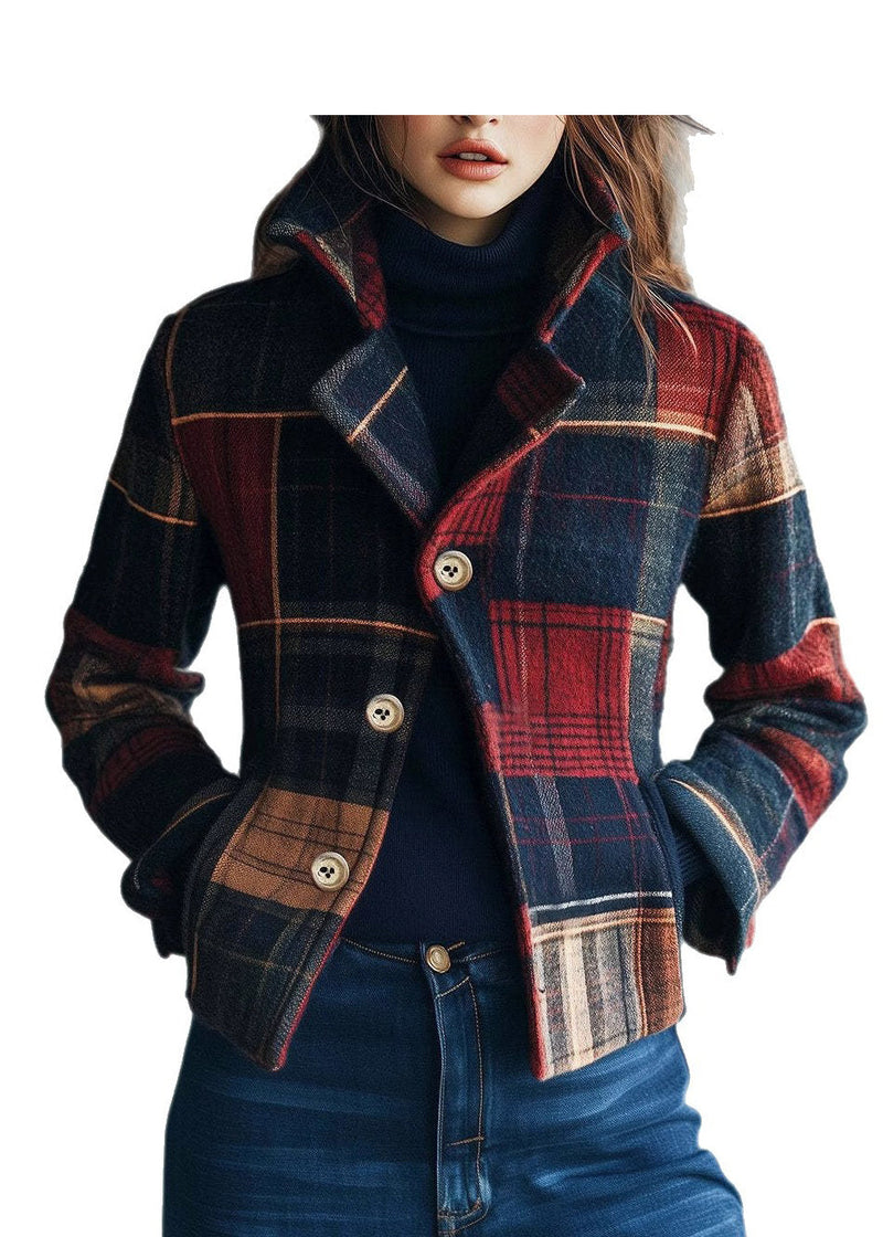 Stand Collar Pockets Button Plaid Woolen Coats Fall