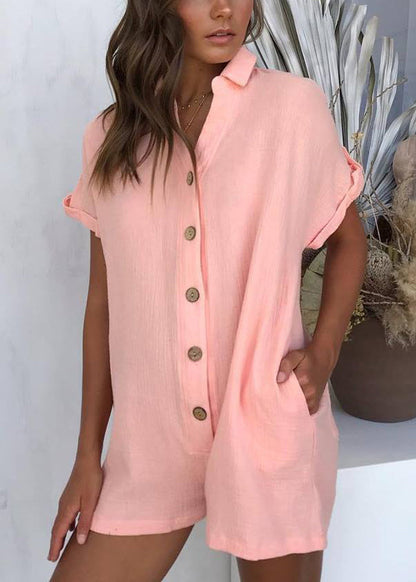 New Pink Peter Pan Collar Pockets Cotton Jumpsuit Summer