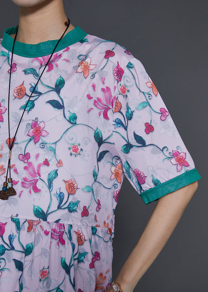 Pink Stand Collar Print Silk Long Dress Summer
