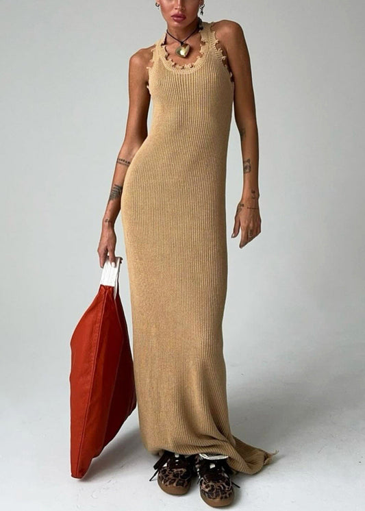 Slim Fit Khaki O Neck Knit Maxi Dresses Sleeveless