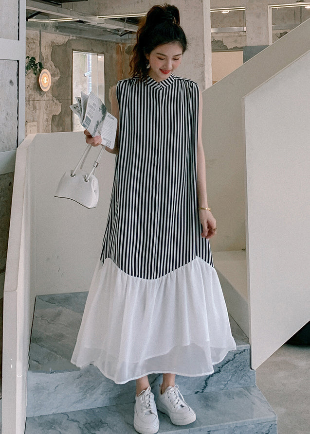 French Striped Stand Collar Patchwork Chiffon Dresses Sleeveless