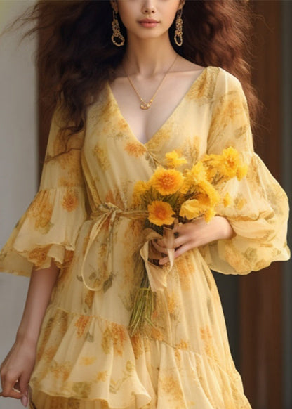 Novelty Yellow Ruffled Print Tie Waist Chiffon Dresses Summer