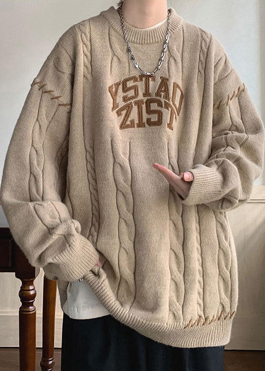 Simple Khaki O Neck Letter Cotton Knit Sweaters Winter