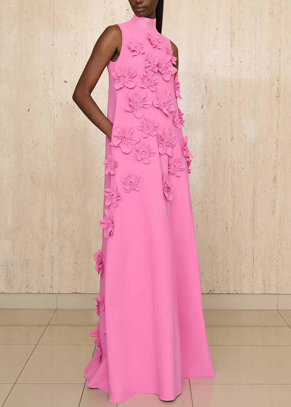 Summer Pink Stand Collar Bow Flower Dress Summer