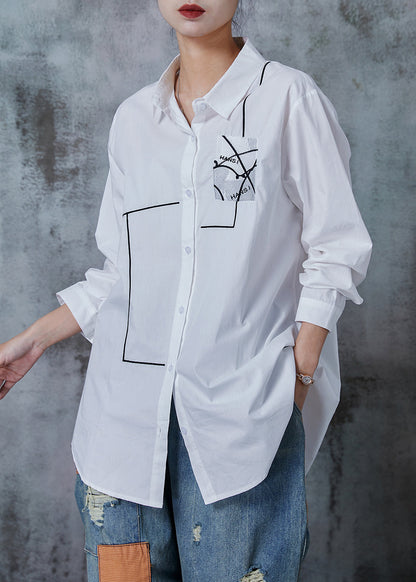 White Oversized Print Cotton Shirt Tops Summer