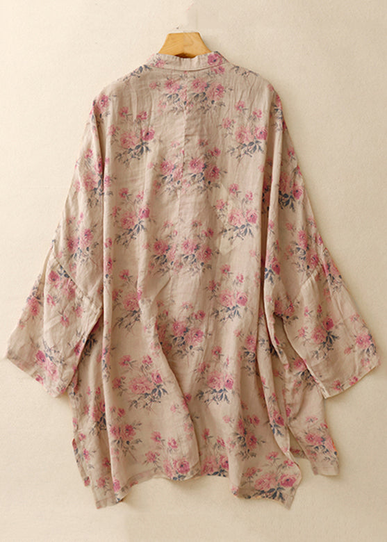 Pink Print Chinese Button Linen Shirts Spring