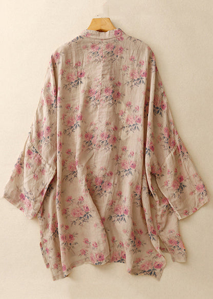 Pink Print Chinese Button Linen Shirts Spring