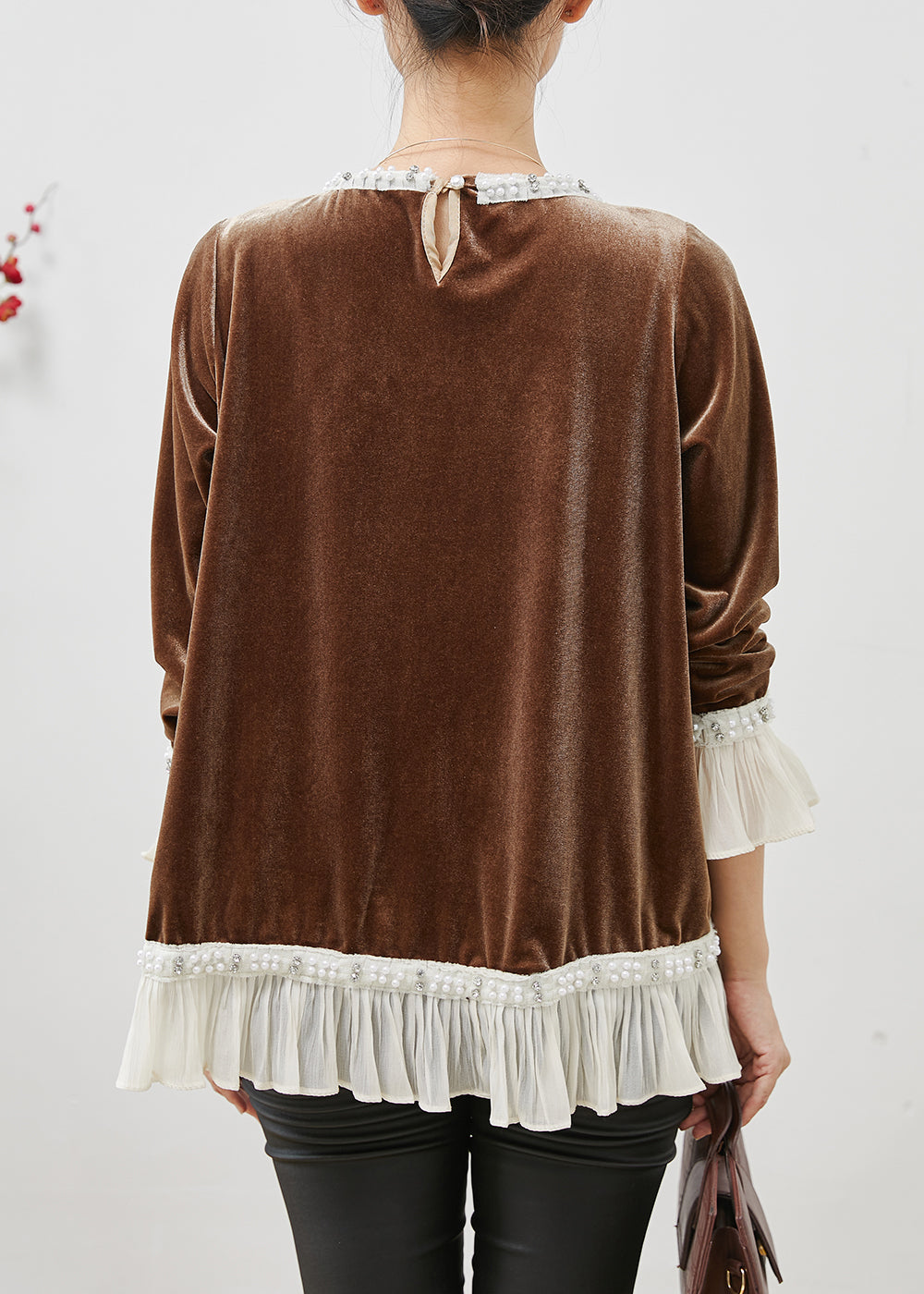 Brown Nail Bead Patchwork Silk Velour Tops Flare Sleeve