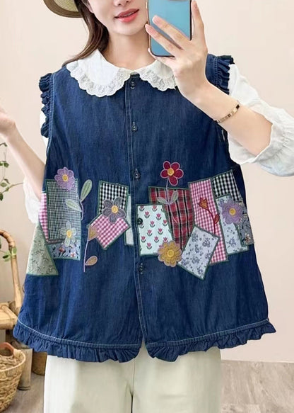 Navy Embroidered Patchwork Button Waistcoat Sleeveless