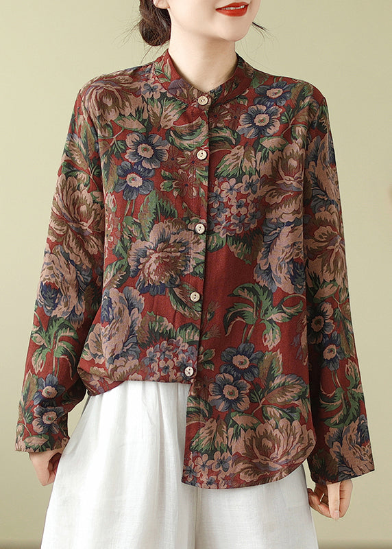 Stand Collar Print Button Cotton Coats Fall