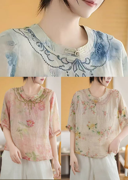 Art Blue Mandarin Collar Print Linen Top Summer