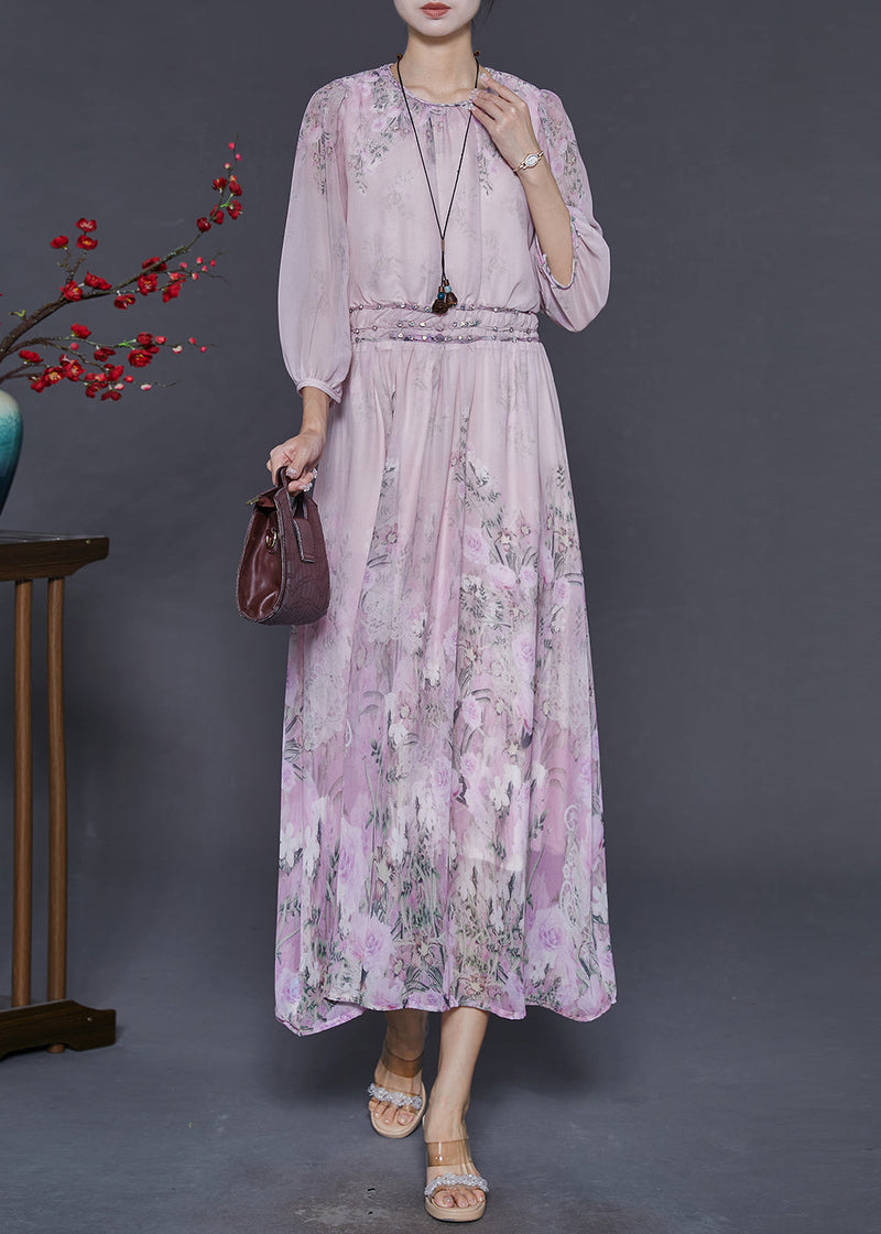 Pink Elastic Waist Print Chiffon Dresses Bracelet Sleeve