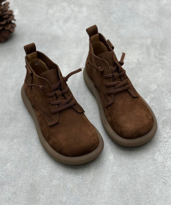 Grey Comfortable Cowhide Leather Splicing Lace Up Boots