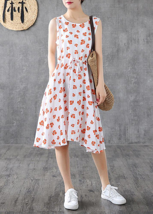 Handmade White Print Linen Long Shirts Sleeveless Cotton Summer Dress