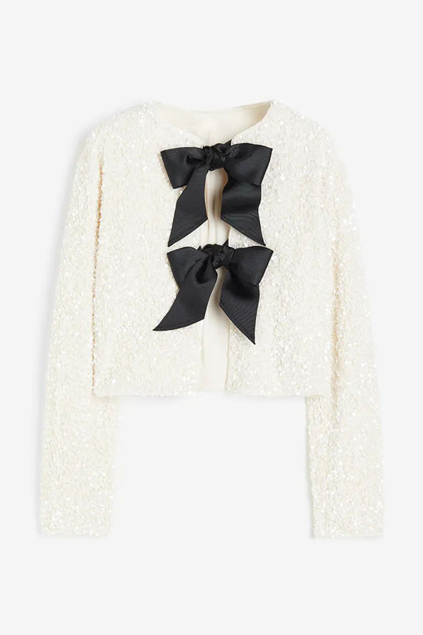 Two Ways to Celebrate Tie-front Bow Sequined Jacket