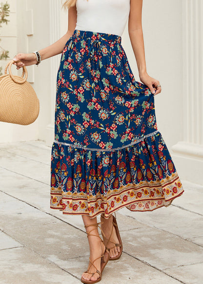 Navy Print Elastic Waist Cotton Skirt Summer