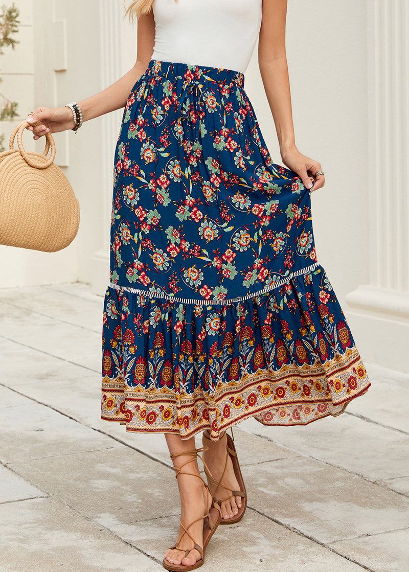 Navy Print Elastic Waist Cotton Skirt Summer