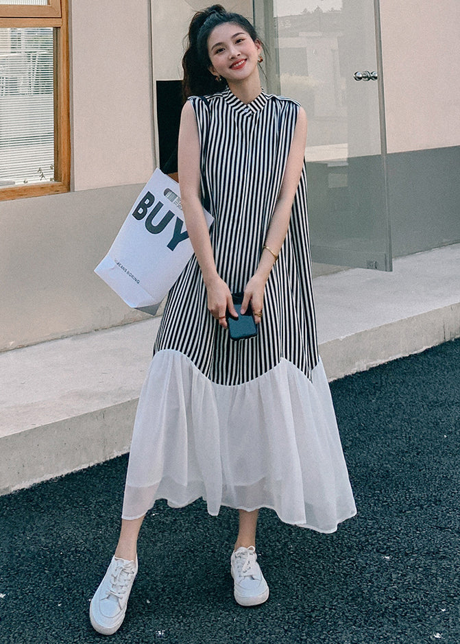 French Striped Stand Collar Patchwork Chiffon Dresses Sleeveless