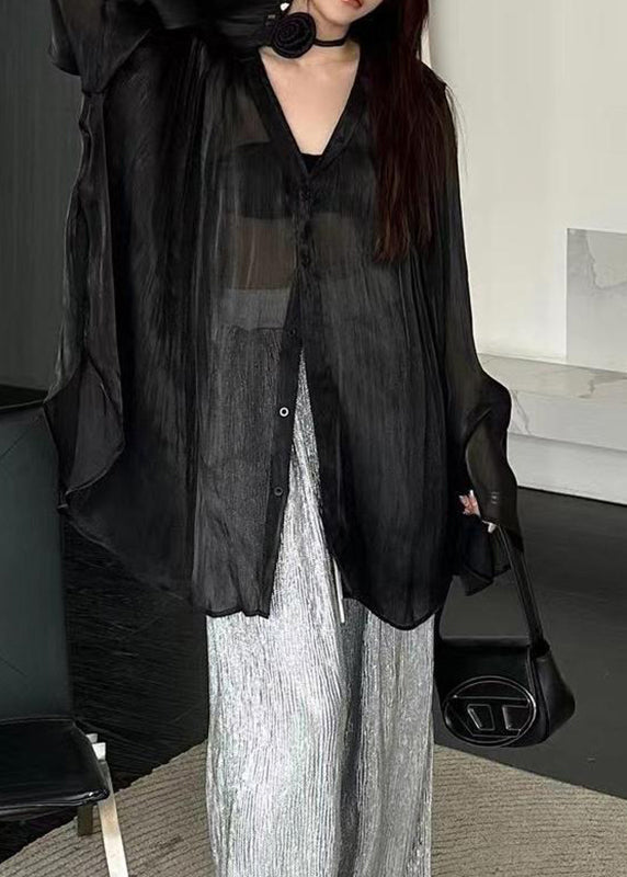 Natural Black V Neck Tie Waist Shirts Long Sleeve
