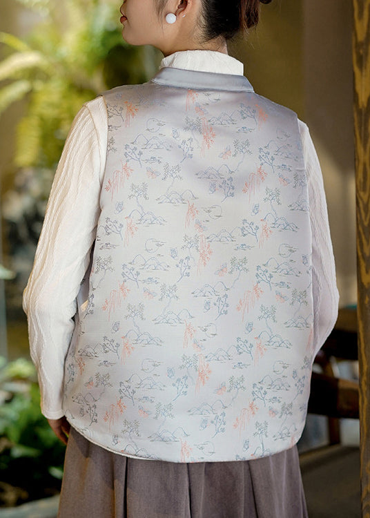 Chinese Style Grey Jacquard Fine Cotton Filled Silk Vest Sleeveless