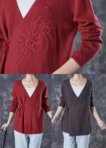 Chocolate Wool Knit Cardigan Embroideried Tie Waist Winter