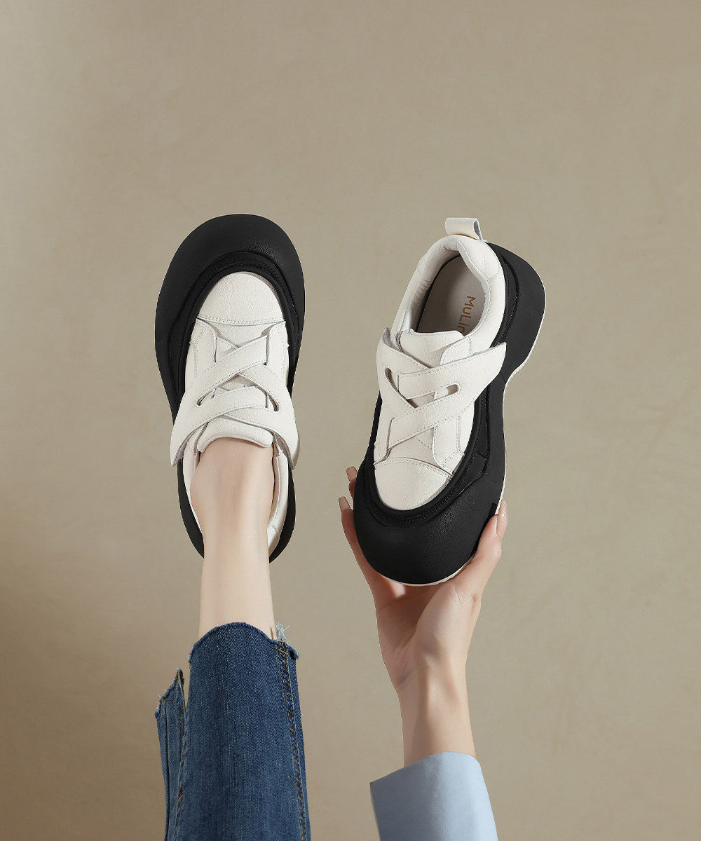 Beige Platform Faux Leather Splicing Flat Shoes