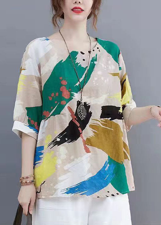 Colorblock O Neck Patchwork Linen T Shirt Summer