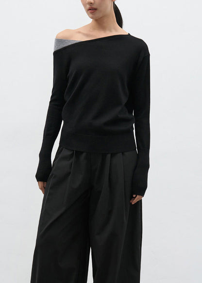 Black Cold Shoulder Patchwork Knit Sweaters Spring