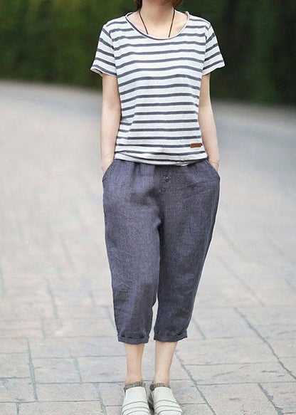Denim Blue Pockets Patchwork Linen Crop Pants Summer
