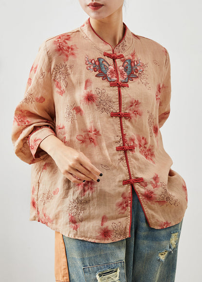 Orange Embroidered Print Linen Blouse Top Summer