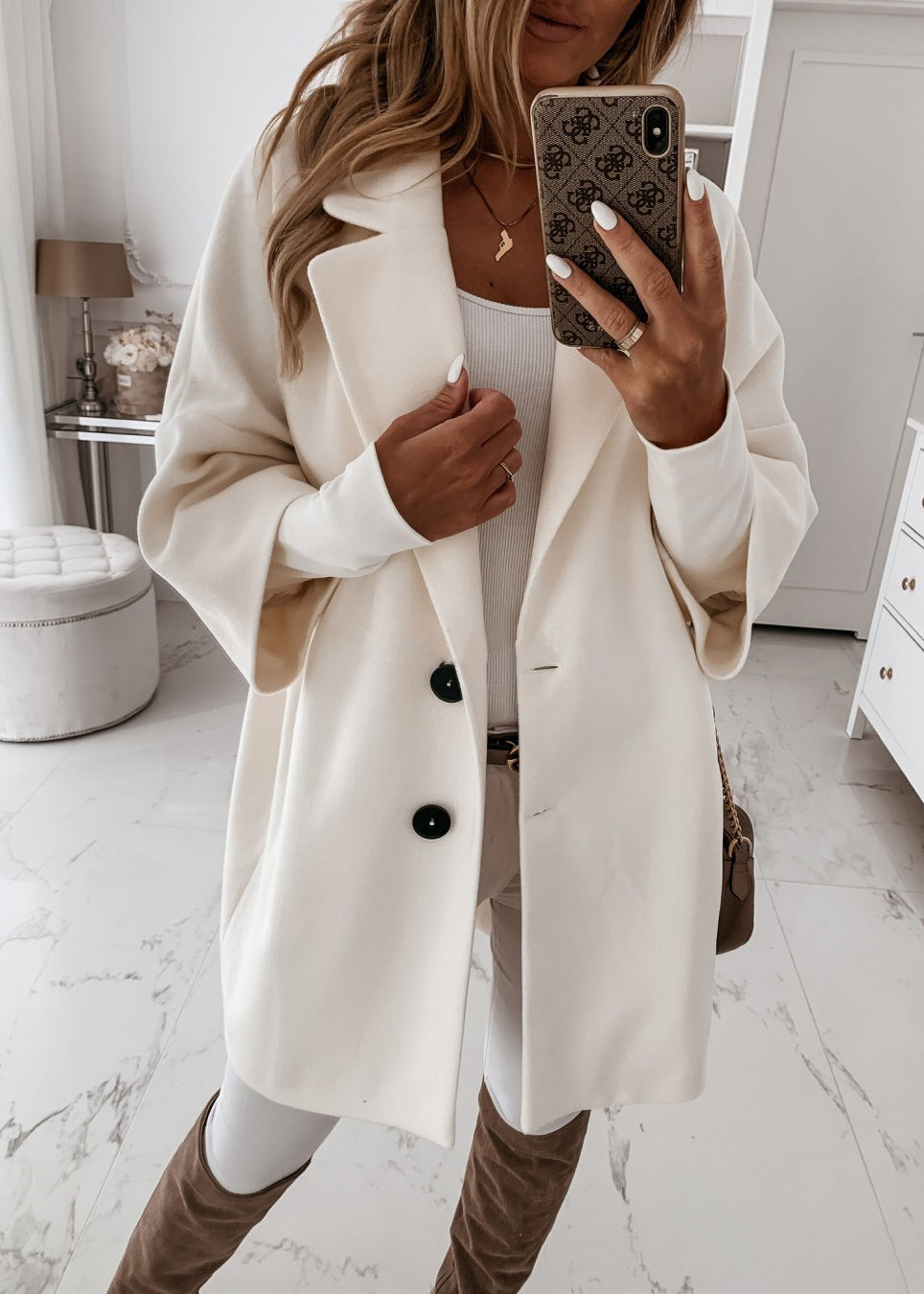 New White Peter Pan Collar Pockets Woolen Coat Fall
