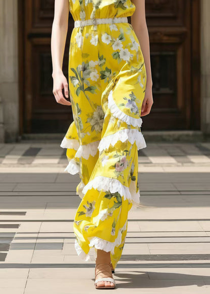 Yellow Print Patchwork Ruffled Chiffon Tunic Dress Sleeveless