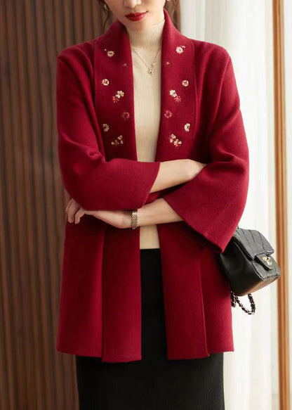 Red Embroideried Pockets Patchwork Knit Cardigans Fall